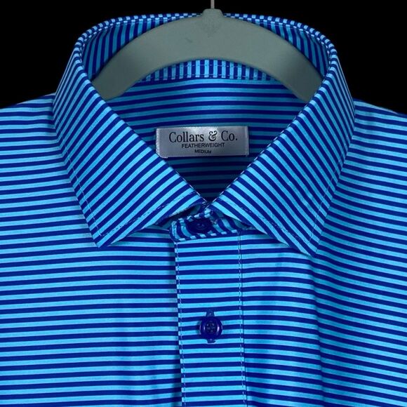 Collars & Co Polo Shirt Mens M Blue Striped Dress Collar Preppy Stretch Work